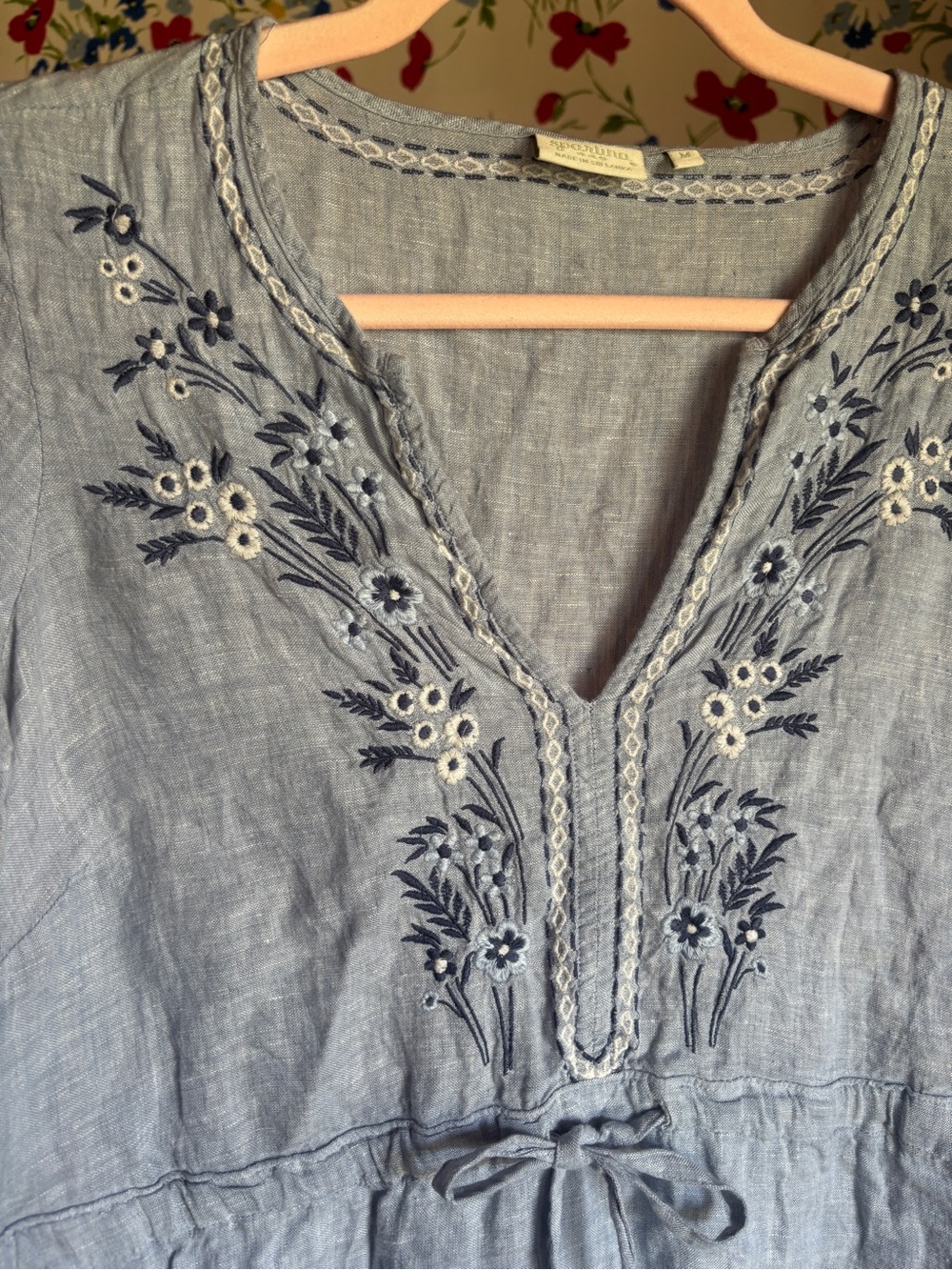 spartina 449 medium blue linen embroidered palm tree tunic dress coastal boho - Picture 3 of 9